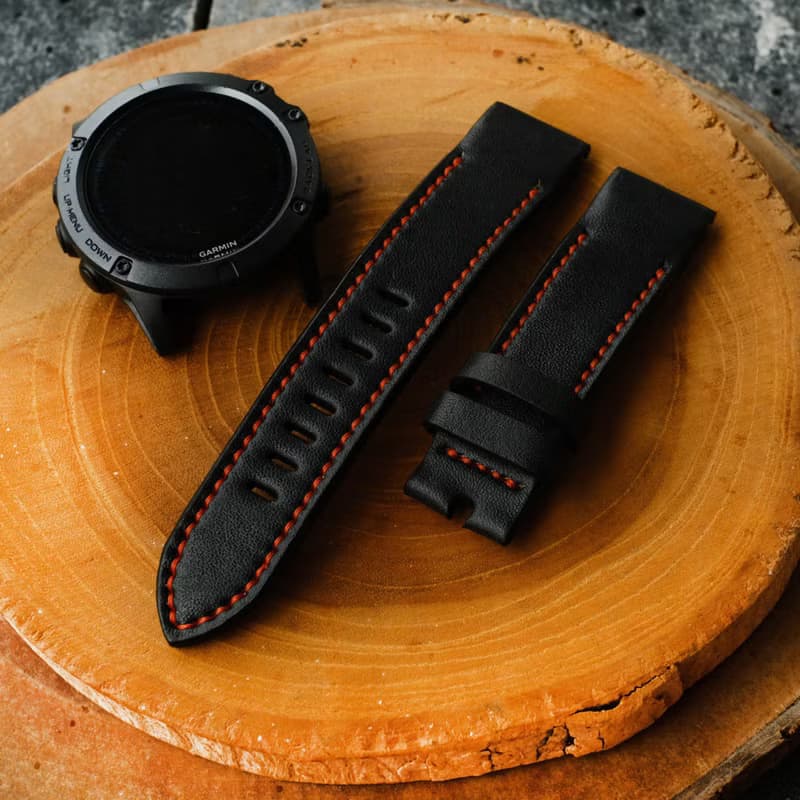 Garmin Watch Black Leather Strap Red Stitching With Quickfit Garmin Connector