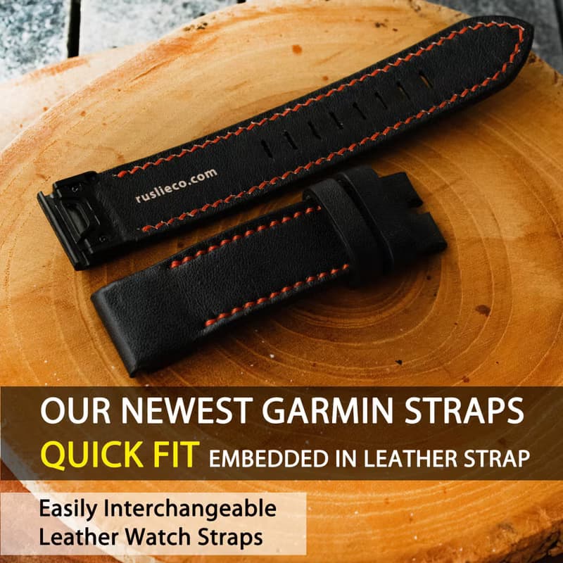 Garmin Watch Black Leather Strap Red Stitching With Quickfit Garmin Connector