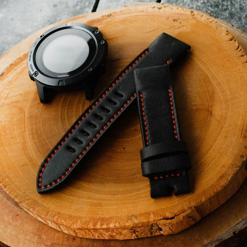 Garmin Watch Black Leather Strap Red Stitching With Quickfit Garmin Connector