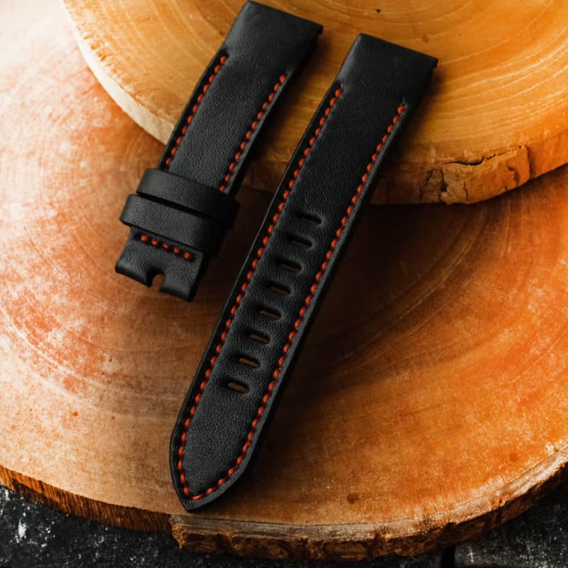 Garmin Watch Black Leather Strap Red Stitching With Quickfit Garmin Connector