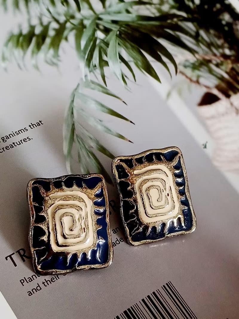 vintage jewelry  典雅琺瑯圖騰 夾式耳環