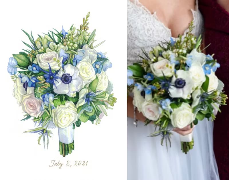 ORIGINAL Custom Wedding Bouquet Painting Watercolor Bridal flowers Anniversary