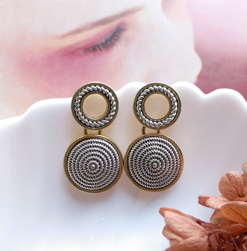Vintage Jewelry 西洋古董飾品 摩登 厚實 金銀雙色調 針式耳環
