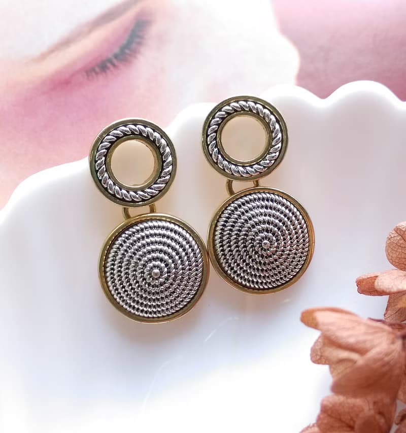 Vintage Jewelry 西洋古董飾品 摩登 厚實 金銀雙色調 針式耳環