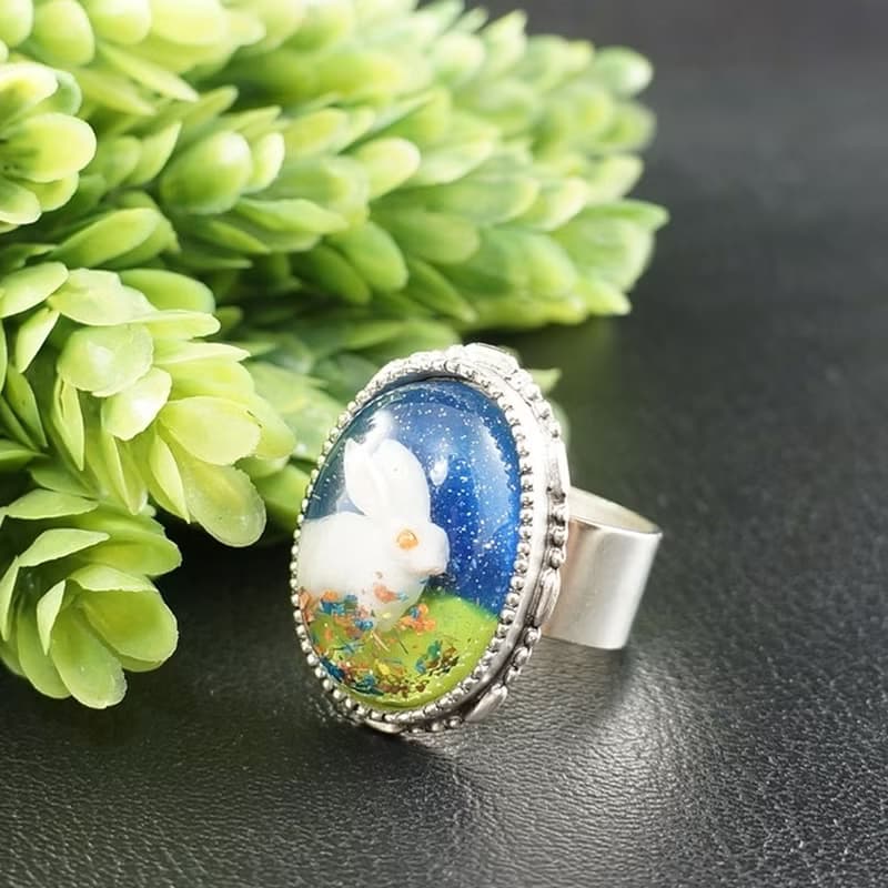 White Rabbit Bunny Adjustable Ring Blue Green Large Silver Boho Ring Jewelry