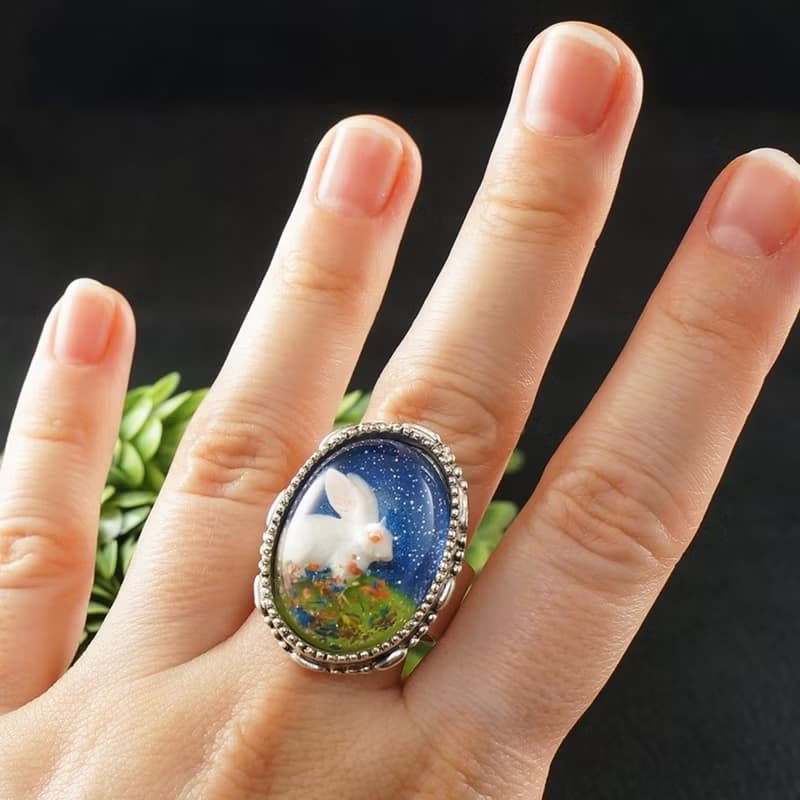 White Rabbit Bunny Adjustable Ring Blue Green Large Silver Boho Ring Jewelry