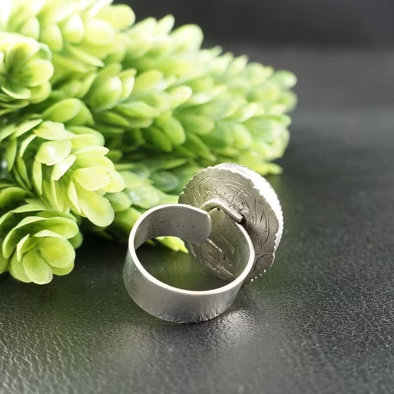 White Rabbit Bunny Adjustable Ring Blue Green Large Silver Boho Ring Jewelry