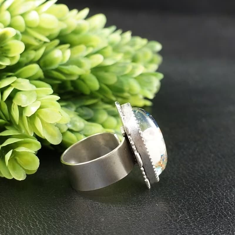 White Rabbit Bunny Adjustable Ring Blue Green Large Silver Boho Ring Jewelry