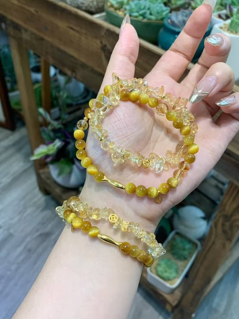 碎金金小黃魚富貴大小姐招財必備天然黃水晶黃阿塞黃虎眼雙圈手鏈