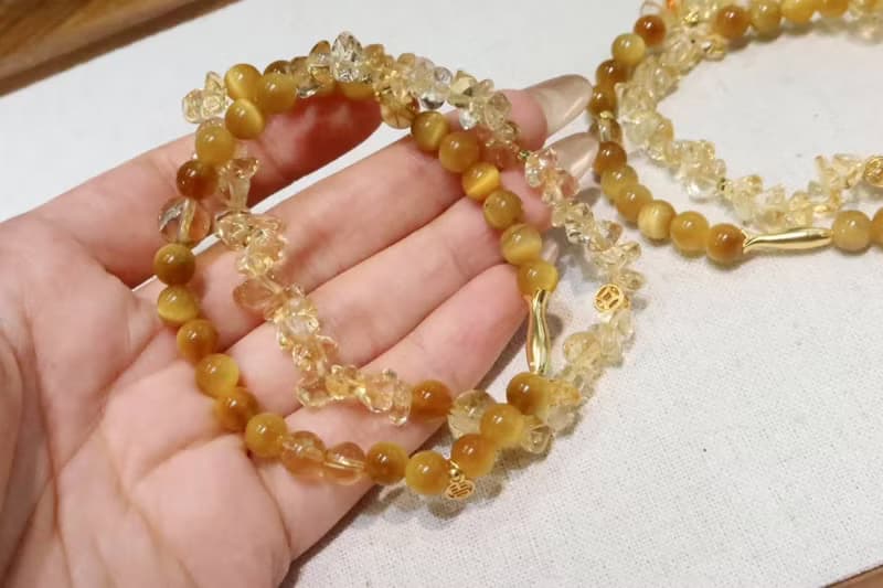 碎金金小黃魚富貴大小姐招財必備天然黃水晶黃阿塞黃虎眼雙圈手鏈