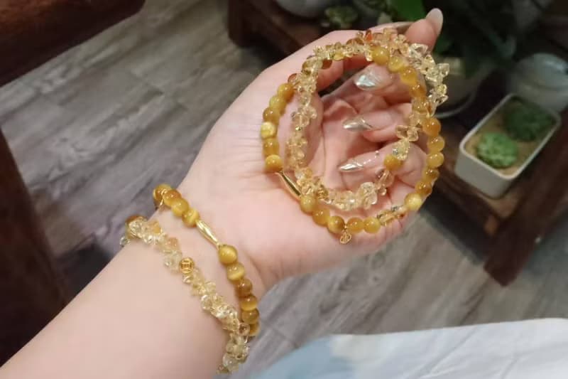 碎金金小黃魚富貴大小姐招財必備天然黃水晶黃阿塞黃虎眼雙圈手鏈