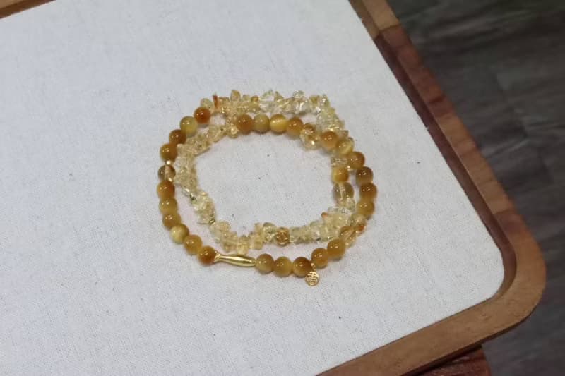碎金金小黃魚富貴大小姐招財必備天然黃水晶黃阿塞黃虎眼雙圈手鏈
