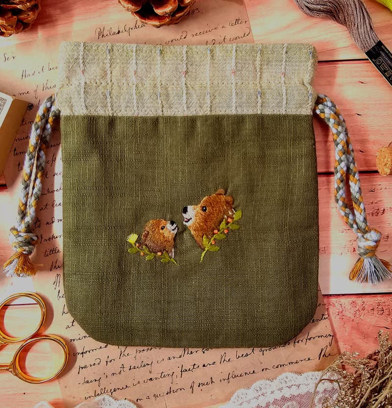 手作刺繡束口袋no.3-熊母子