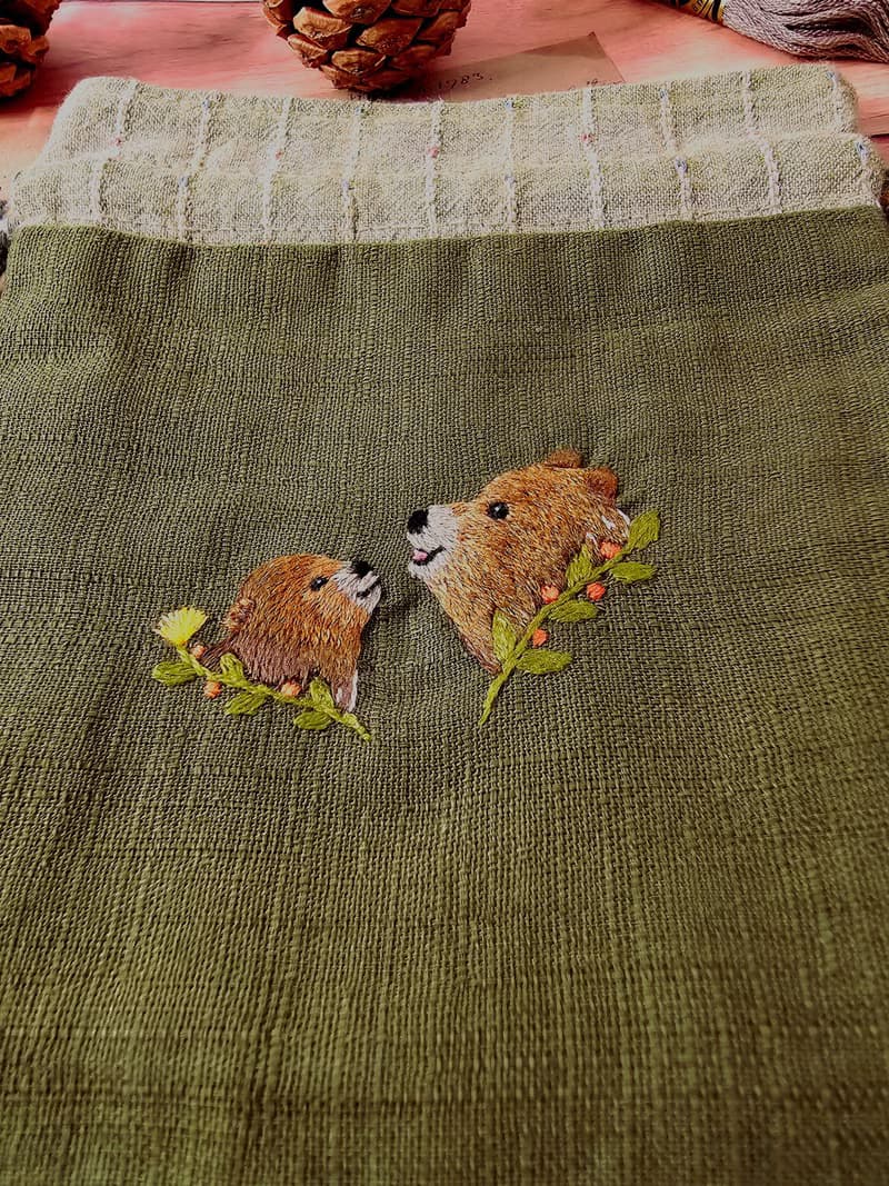 手作刺繡束口袋no.3-熊母子
