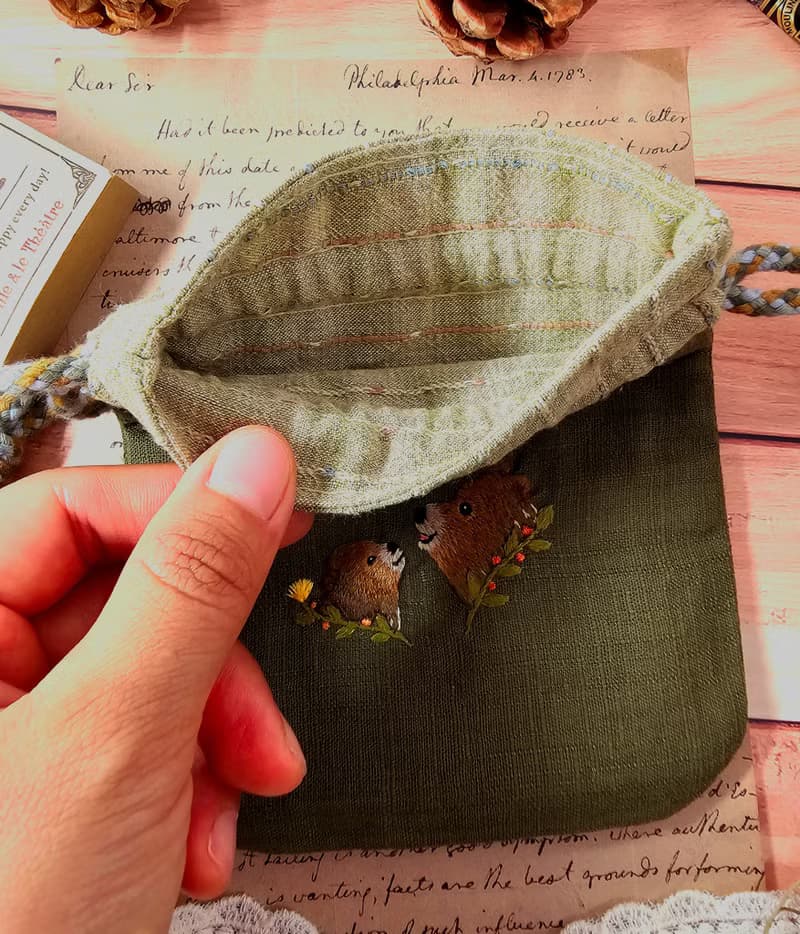 手作刺繡束口袋no.3-熊母子