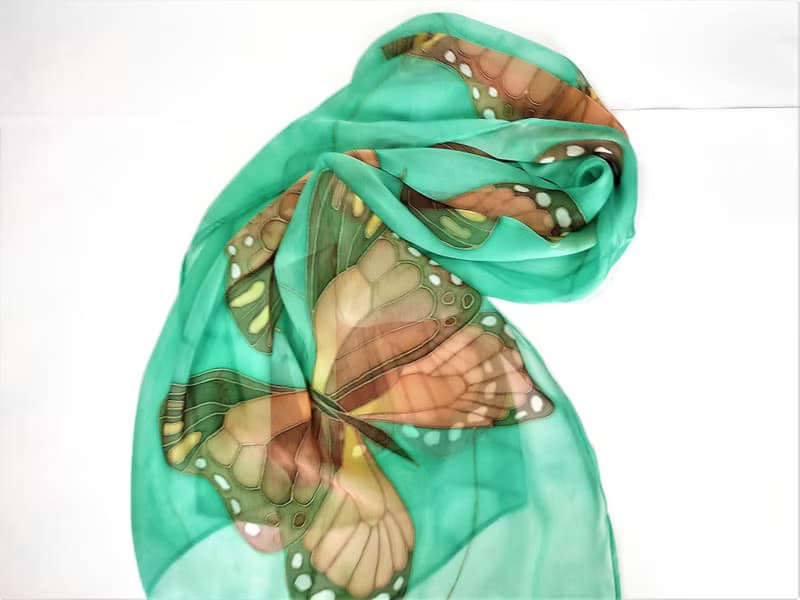 絲巾 Hand painted silk scarf Silk butterfly scarf for sale Long green silk scarf