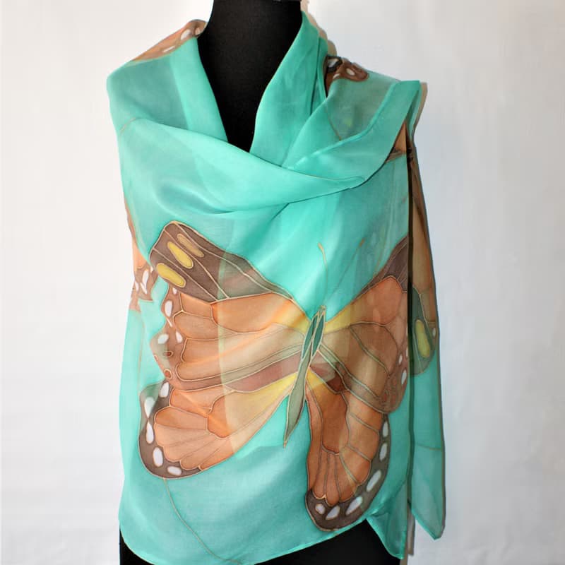 絲巾 Hand painted silk scarf Silk butterfly scarf for sale Long green silk scarf