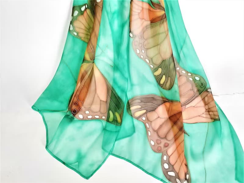 絲巾 Hand painted silk scarf Silk butterfly scarf for sale Long green silk scarf