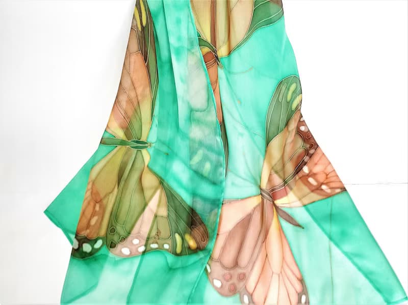絲巾 Hand painted silk scarf Silk butterfly scarf for sale Long green silk scarf