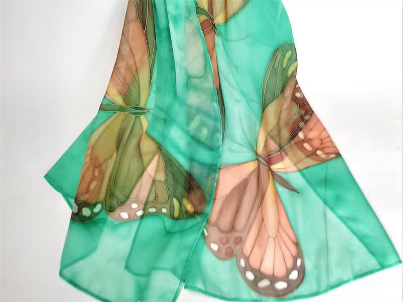 絲巾 Hand painted silk scarf Silk butterfly scarf for sale Long green silk scarf