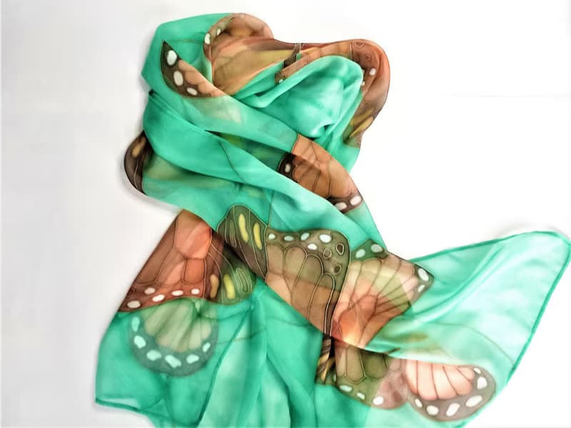 絲巾 Hand painted silk scarf Silk butterfly scarf for sale Long green silk scarf