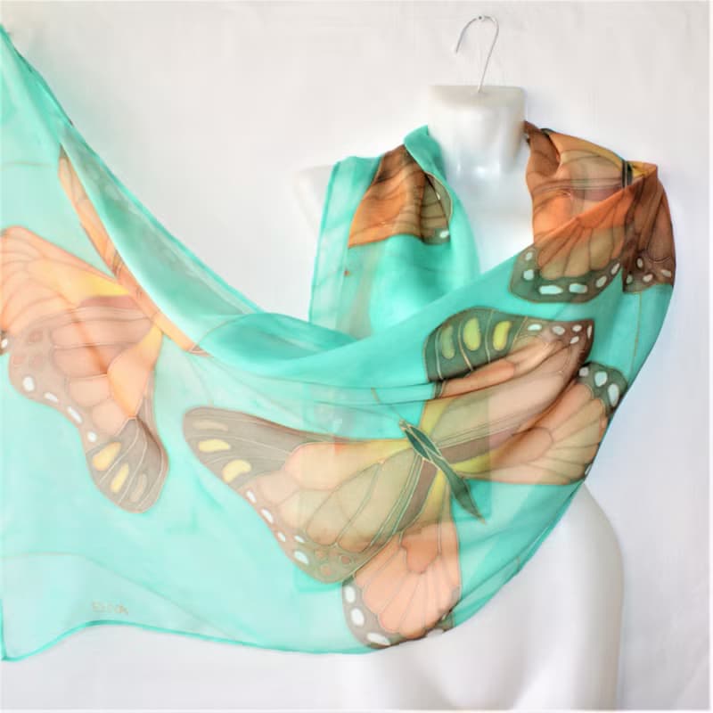 絲巾 Hand painted silk scarf Silk butterfly scarf for sale Long green silk scarf