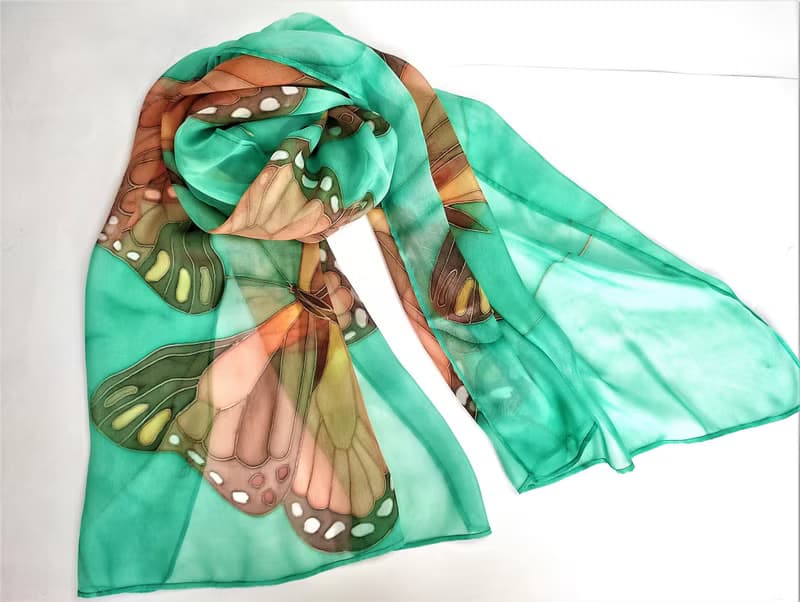 絲巾 Hand painted silk scarf Silk butterfly scarf for sale Long green silk scarf