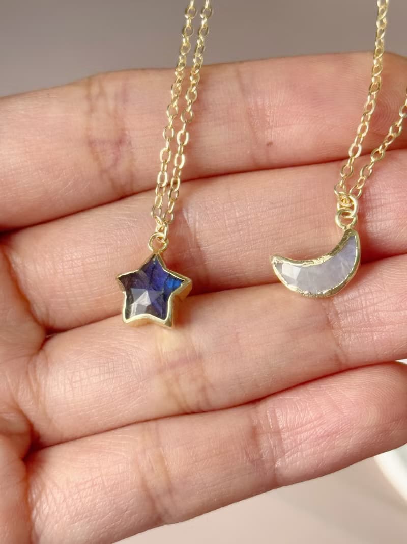 能量保護 平衡情緒 迷你星星月亮 拉長石 月光石 天然石水晶項鏈
