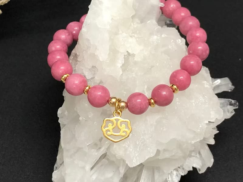 快速出貨天然石薔薇輝石手鍊 玫瑰石手鏈 如意鍍金手鍊