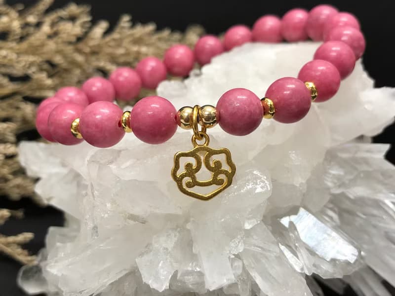 快速出貨天然石薔薇輝石手鍊 玫瑰石手鏈 如意鍍金手鍊