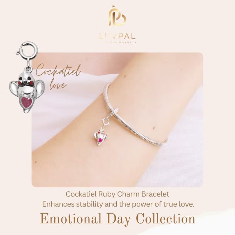 Luvpal | 925 Sterling Silver Bracelet | Cockatiel Charm with Genuine Ruby Heart