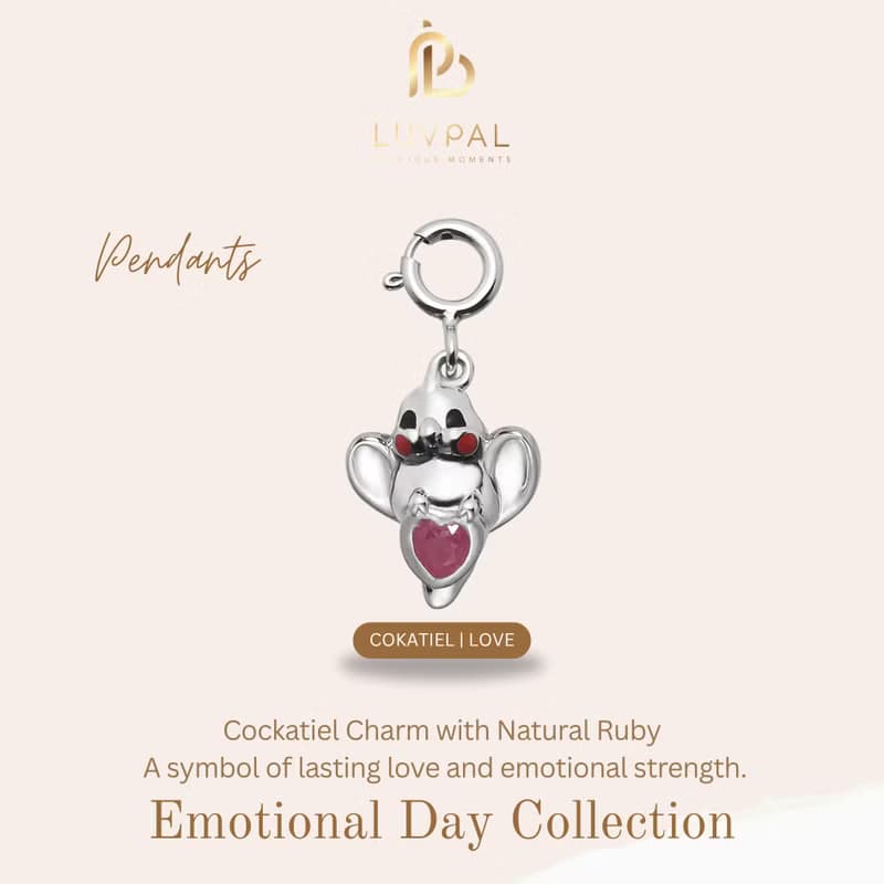 Luvpal | 925 Sterling Silver Bracelet | Cockatiel Charm with Genuine Ruby Heart
