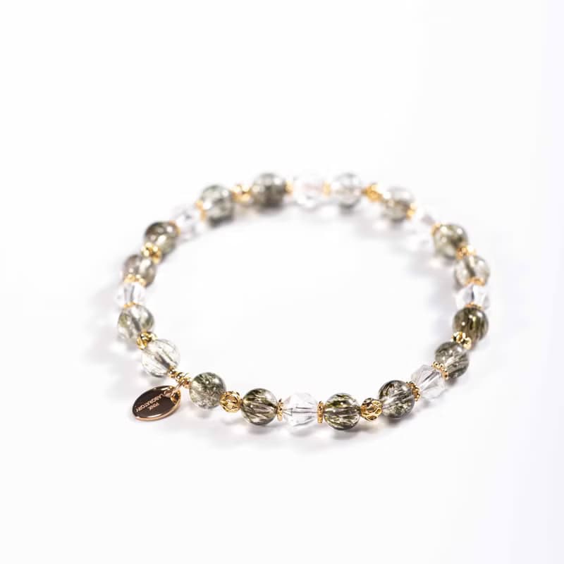 綠碧髮晶白水晶手鍊 | 綠髮碧璽事業招財水晶手鏈