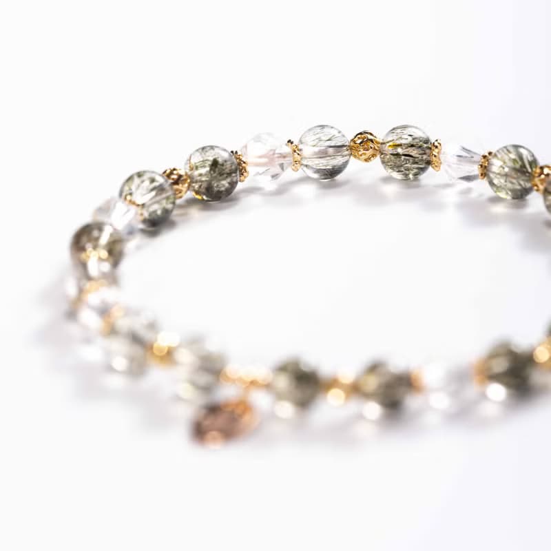 綠碧髮晶白水晶手鍊 | 綠髮碧璽事業招財水晶手鏈