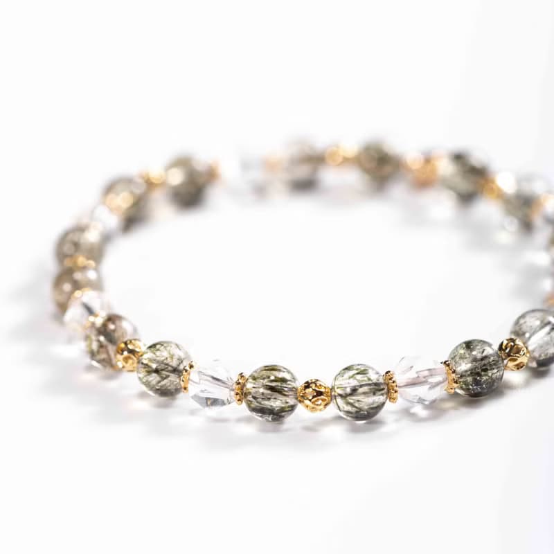 綠碧髮晶白水晶手鍊 | 綠髮碧璽事業招財水晶手鏈