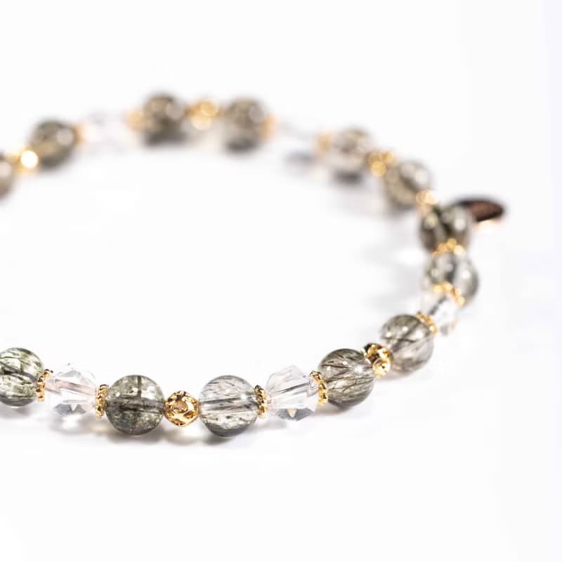 綠碧髮晶白水晶手鍊 | 綠髮碧璽事業招財水晶手鏈