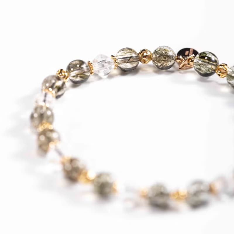 綠碧髮晶白水晶手鍊 | 綠髮碧璽事業招財水晶手鏈