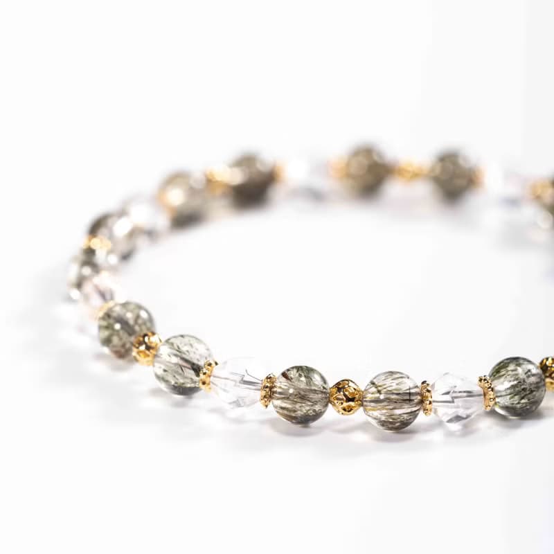 綠碧髮晶白水晶手鍊 | 綠髮碧璽事業招財水晶手鏈