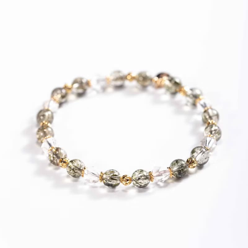 綠碧髮晶白水晶手鍊 | 綠髮碧璽事業招財水晶手鏈