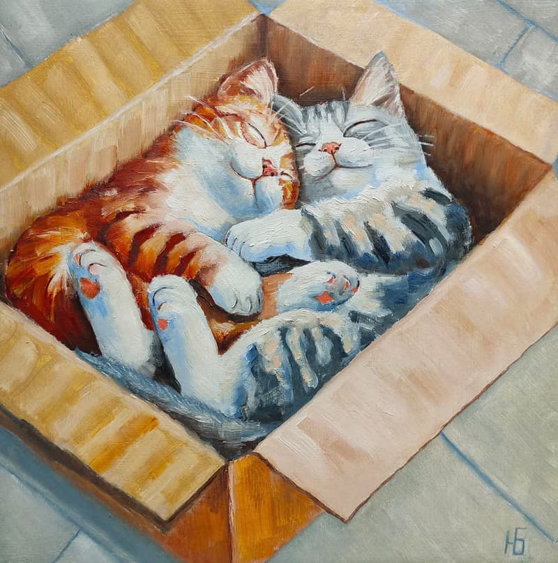 Couple Cats Painting, Cute Pets Original Art, Cat Lover Gift, 手工油畫, 油畫原作