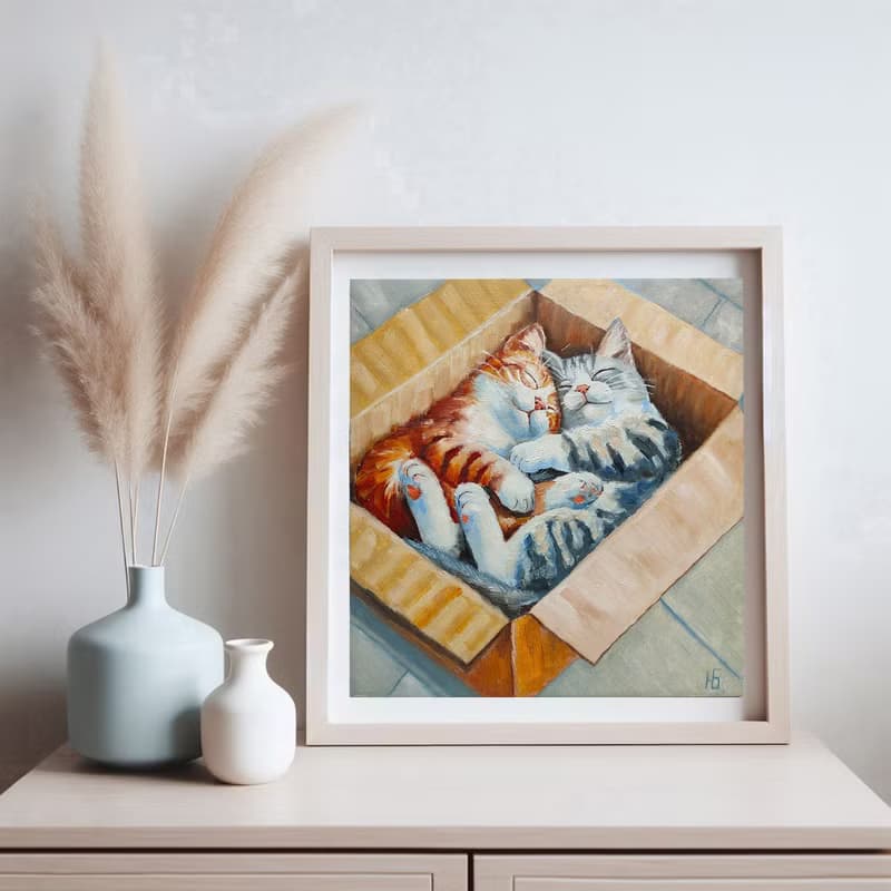 Couple Cats Painting, Cute Pets Original Art, Cat Lover Gift, 手工油畫, 油畫原作