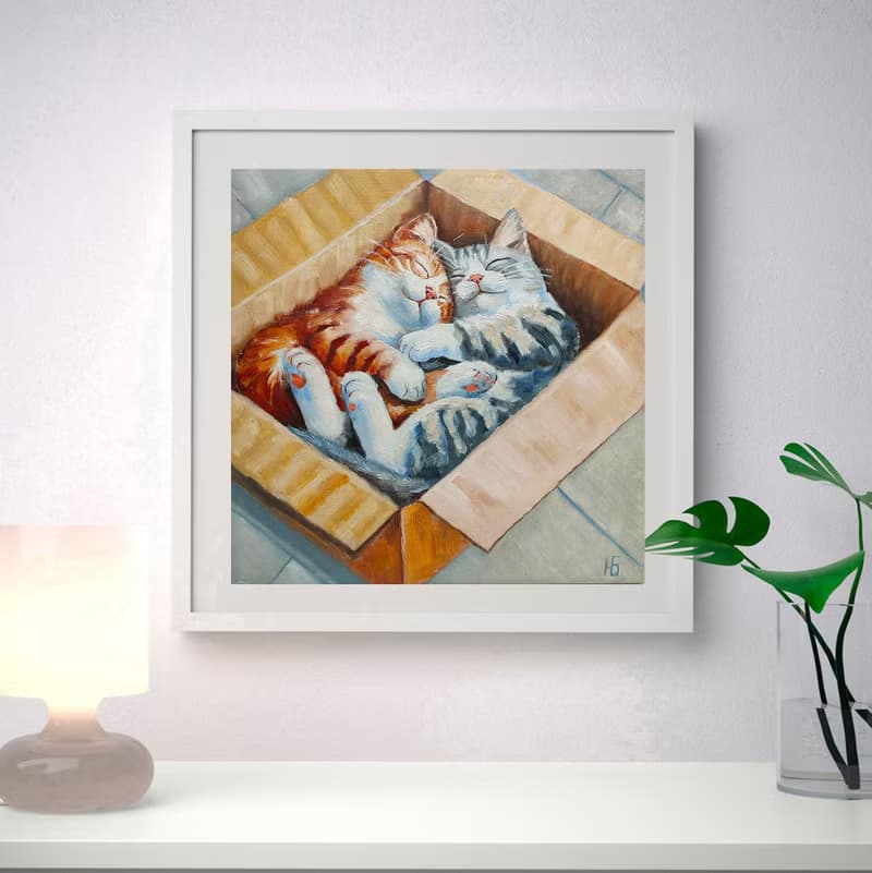 Couple Cats Painting, Cute Pets Original Art, Cat Lover Gift, 手工油畫, 油畫原作