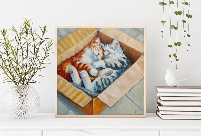 Couple Cats Painting, Cute Pets Original Art, Cat Lover Gift, 手工油畫, 油畫原作