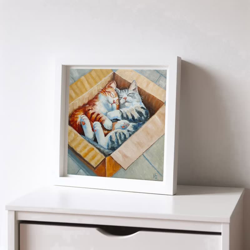 Couple Cats Painting, Cute Pets Original Art, Cat Lover Gift, 手工油畫, 油畫原作