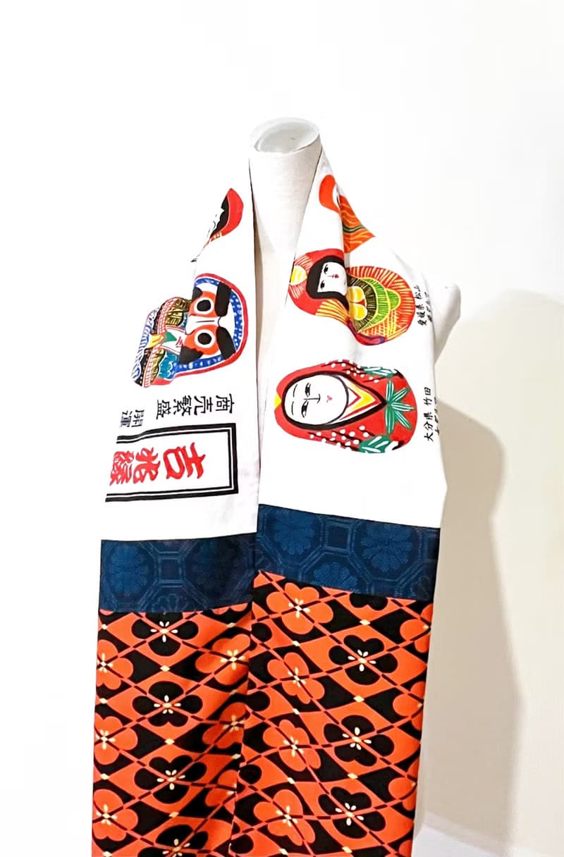 純手作/古董羊毛珊瑚橘黑幾何梅花圖騰純棉達摩染布圍巾披肩