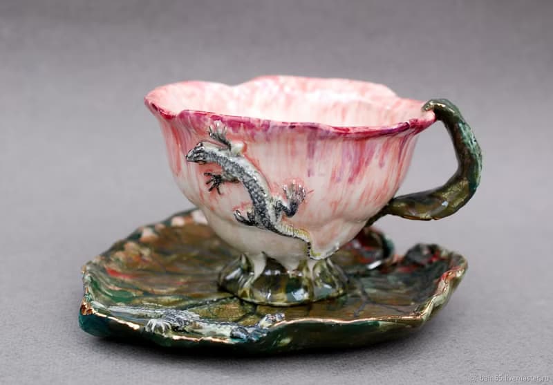 Flower Shape Cup Leaf saucer Lizards Tea coffee cup and saucer