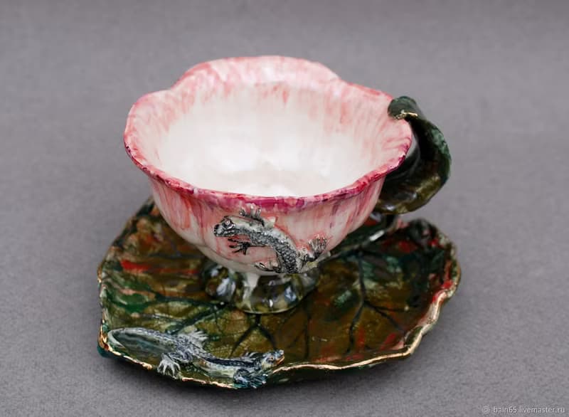 Flower Shape Cup Leaf saucer Lizards Tea coffee cup and saucer