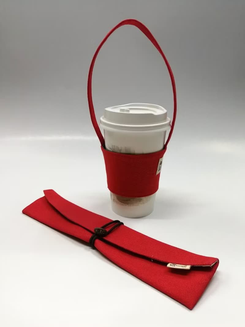 環保筷袋杯套組~手提式飲料杯套 餐具組收納袋 筷套(紅色)F08-001