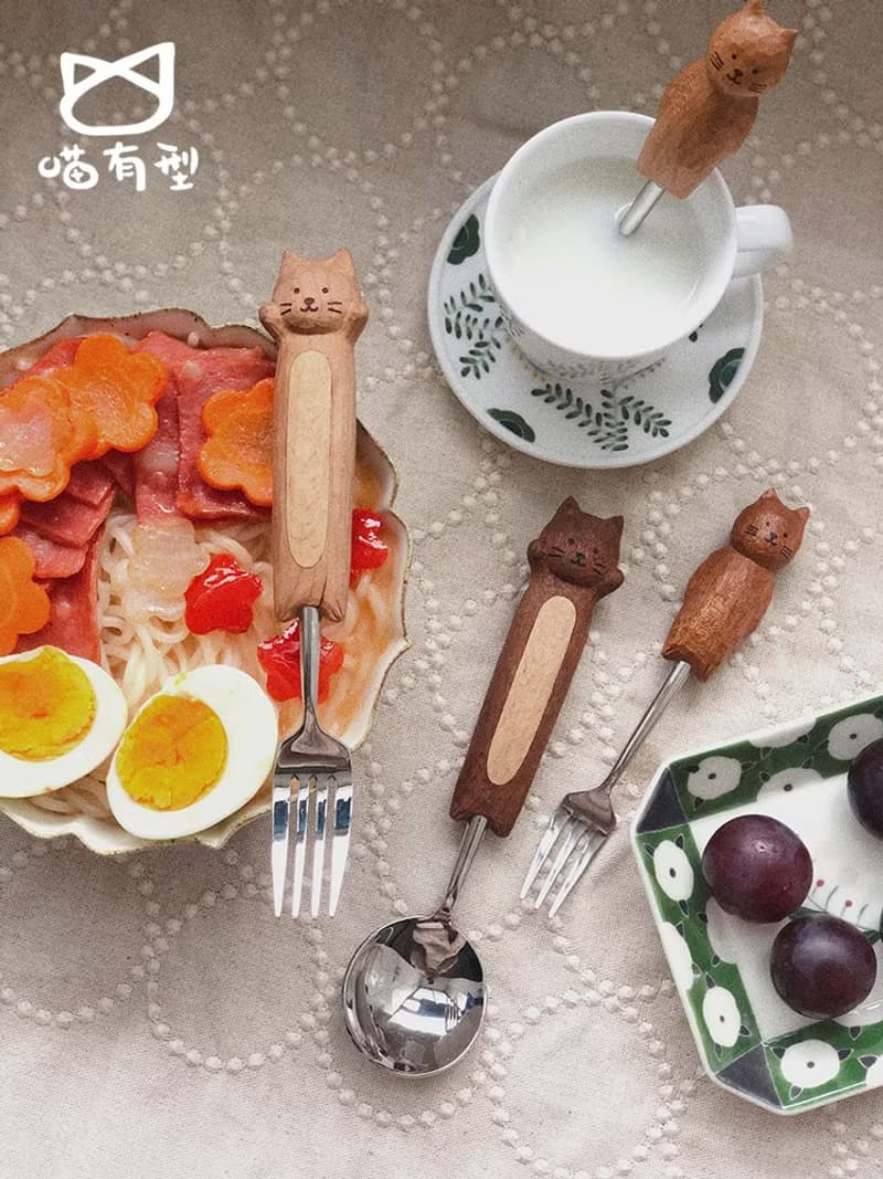 喵有型喵咪勺叉實木餐具套裝甜品冰激凌湯飯勺子意面牛排水果叉子