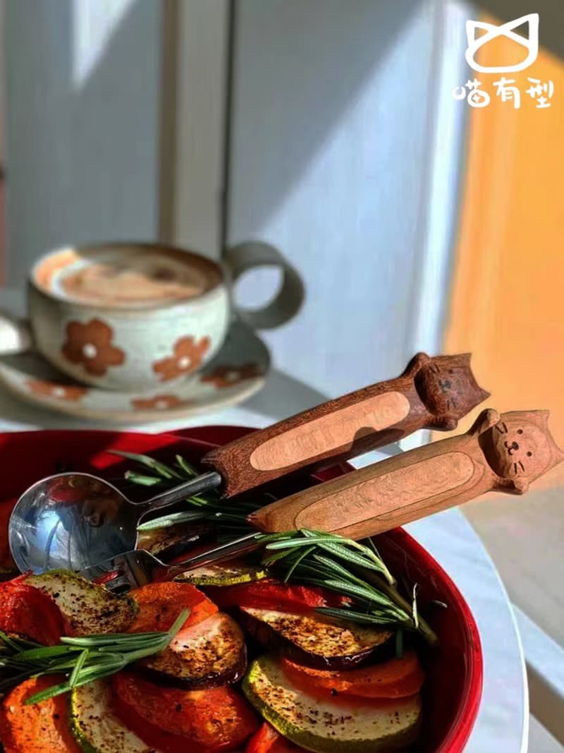 喵有型喵咪勺叉實木餐具套裝甜品冰激凌湯飯勺子意面牛排水果叉子